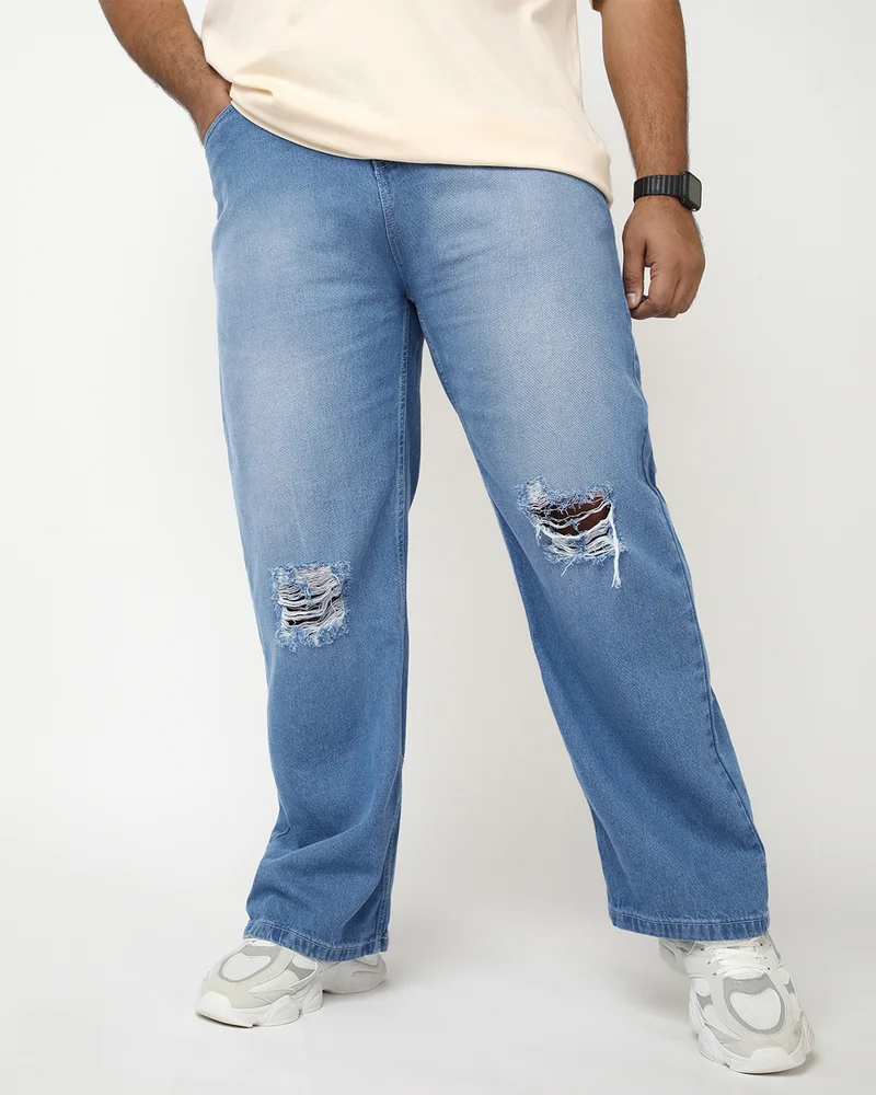 bewakoof Men's Blue Washed Straight Fit Distressed Plus Size Jeans